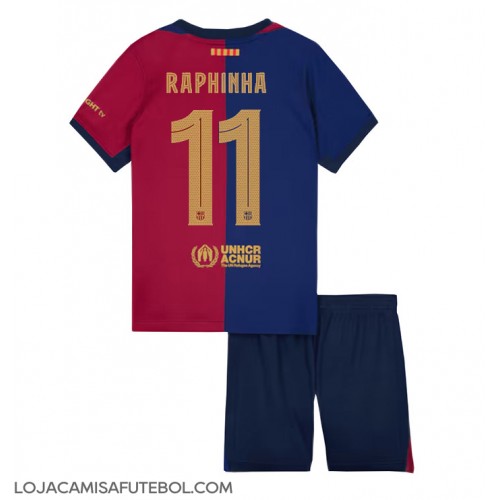 Camisa de Futebol Barcelona Raphinha Belloli #11 Equipamento Principal Infantil 2024-25 Manga Curta (+ Calças curtas)